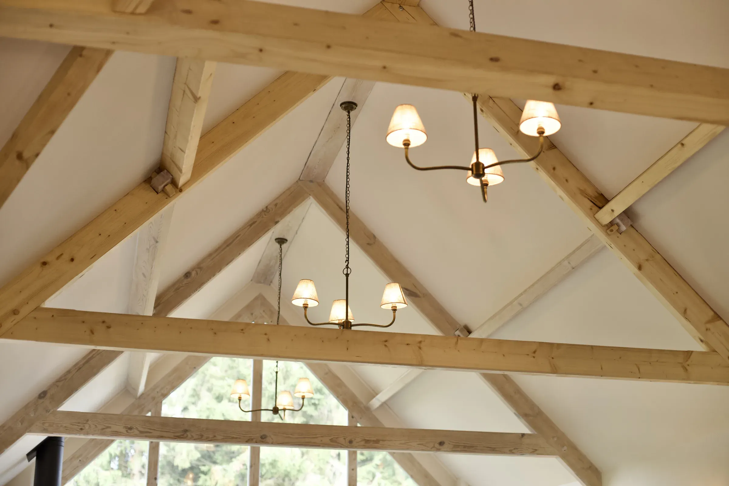 Double-height vaulted ceiling with exposed timber trusses and pendant lights