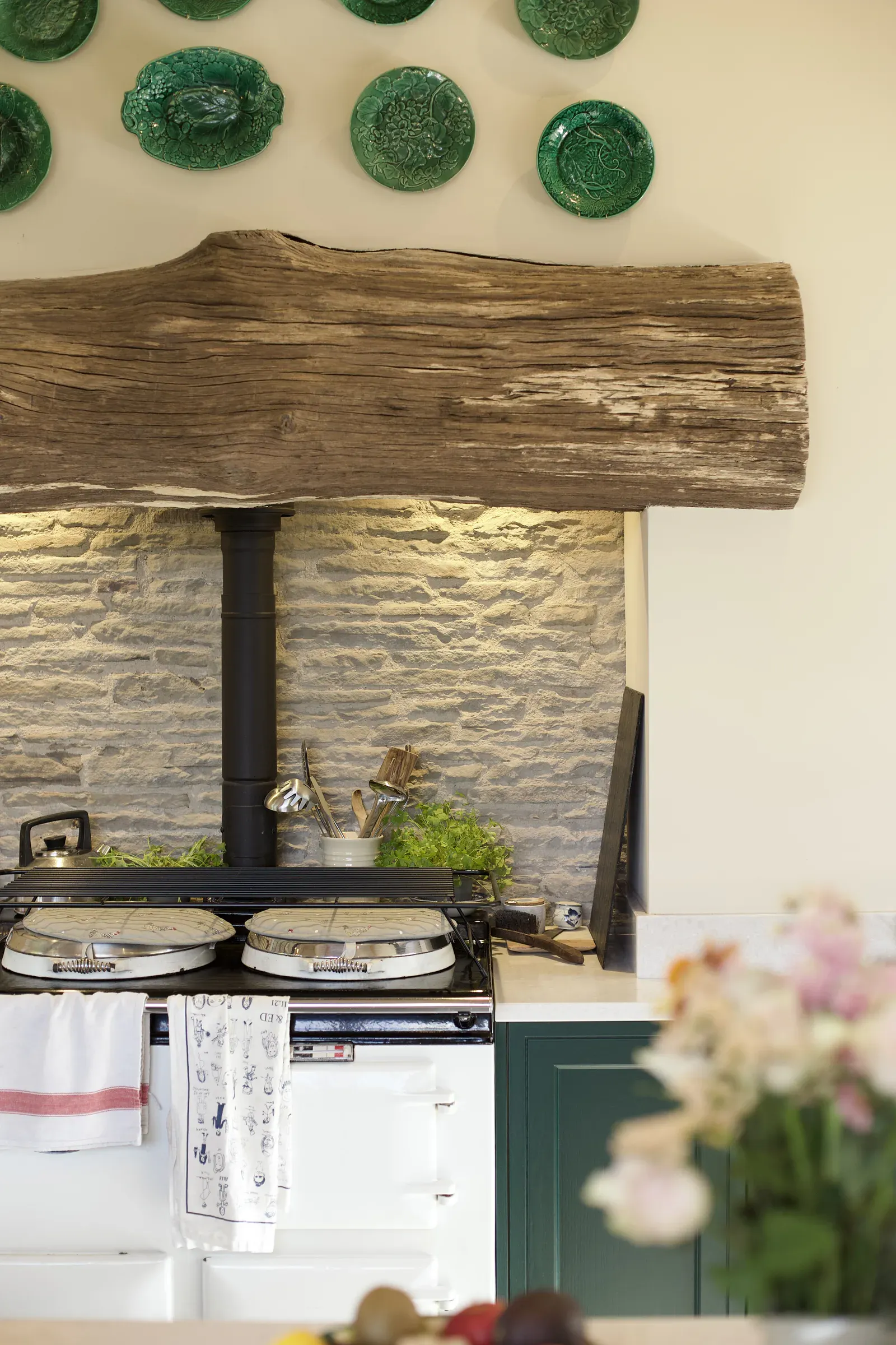 Close view of the Aga housing, with exposed stone behind the range and green plates above